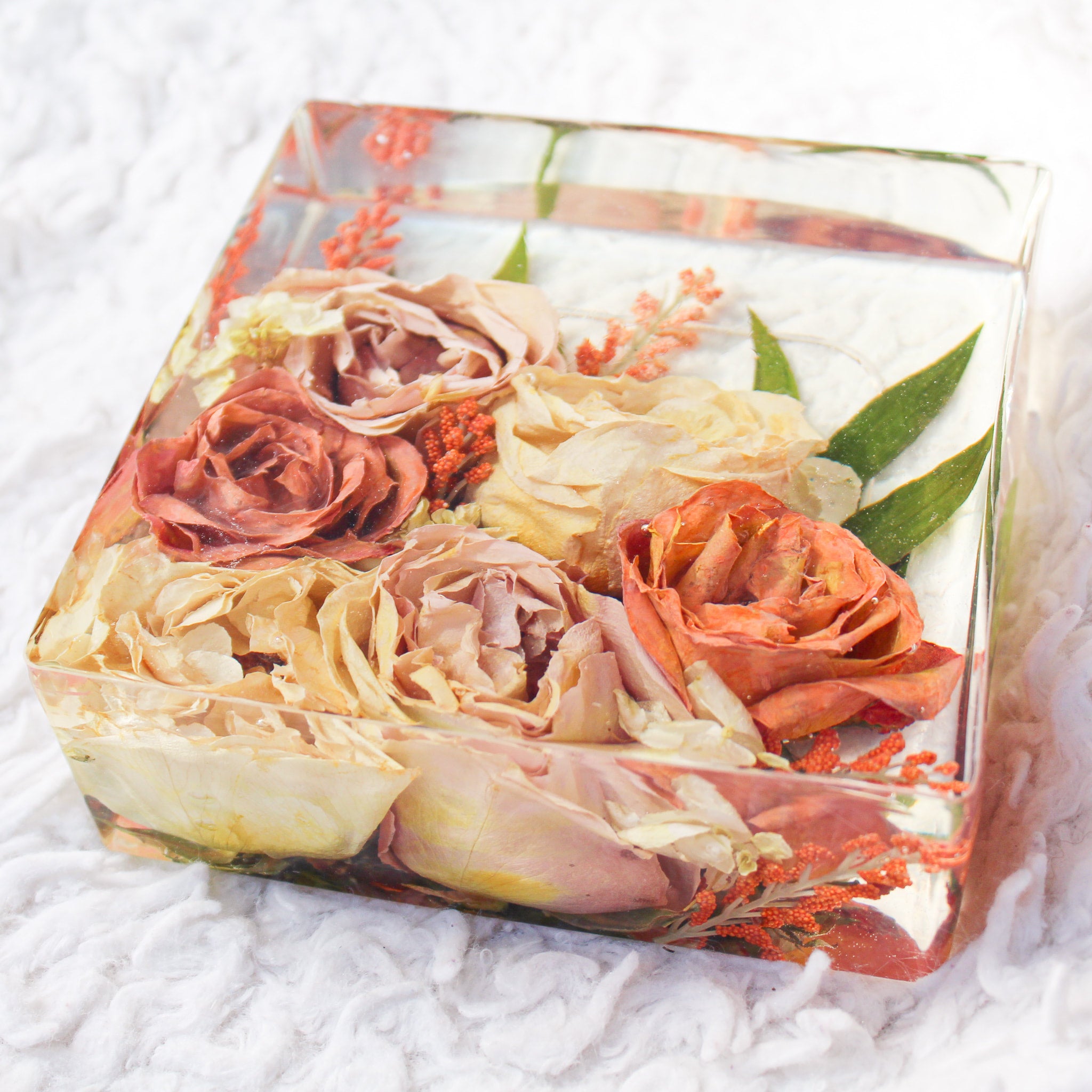 Wedding Flowers Preservation in a Resin Block Large 6x6,wedding